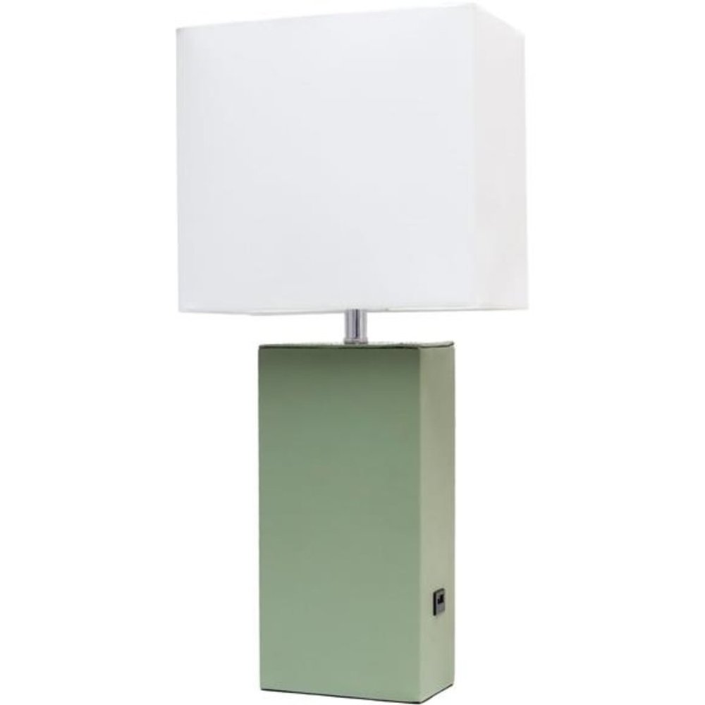 Modern Leather Table Lamp with USB and White Fabric Shade, Sage Green